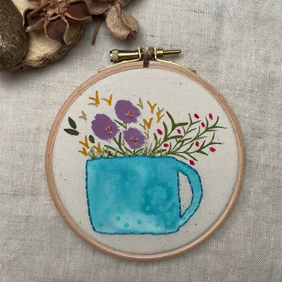 Cup of Flowers Floral 4 inch embroidery wall art
