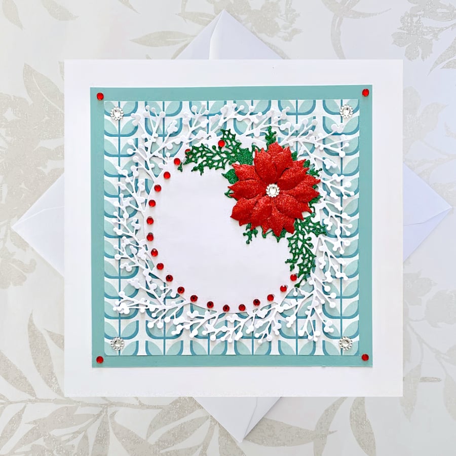 Hand made Christmas card - poinsettia Christmas card, faux rubies, glitter