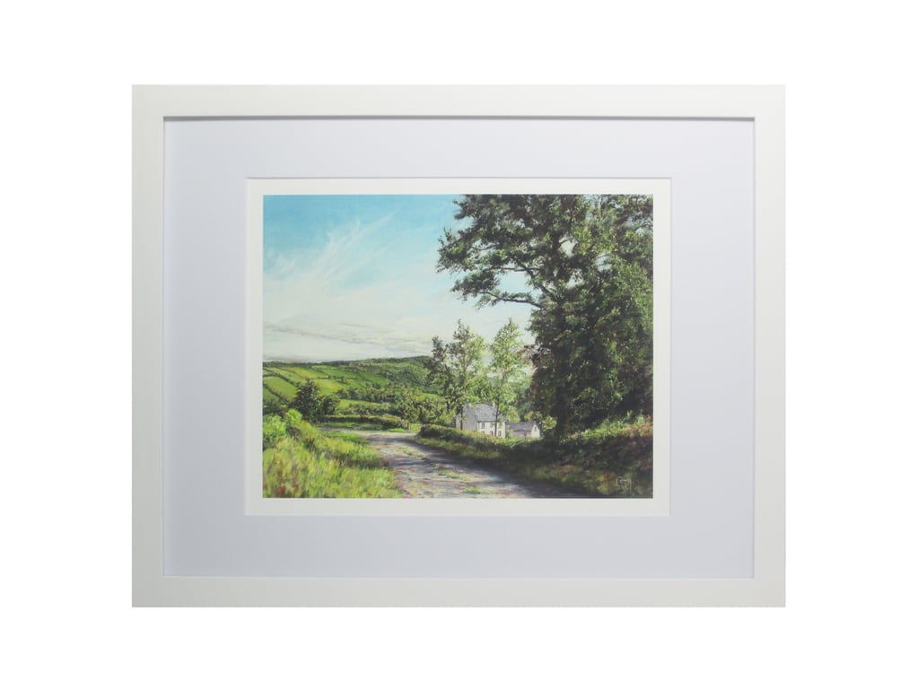 Countryside Art Print-Welsh Farmhouse Scene-Framed and Mounted 10x8-Wood Frame