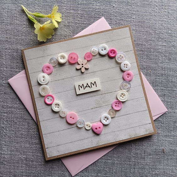 "MAM" Card with Button Heart for Mother's Day or a Birthday 5" x 5"