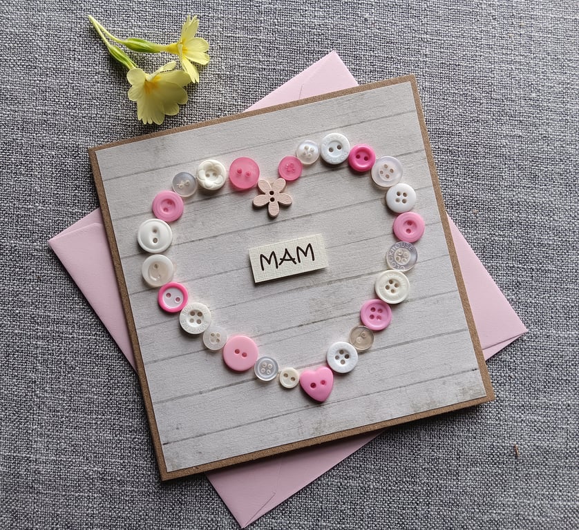 "MAM" Card with Button Heart for Mother's Day or a Birthday 5" x 5"