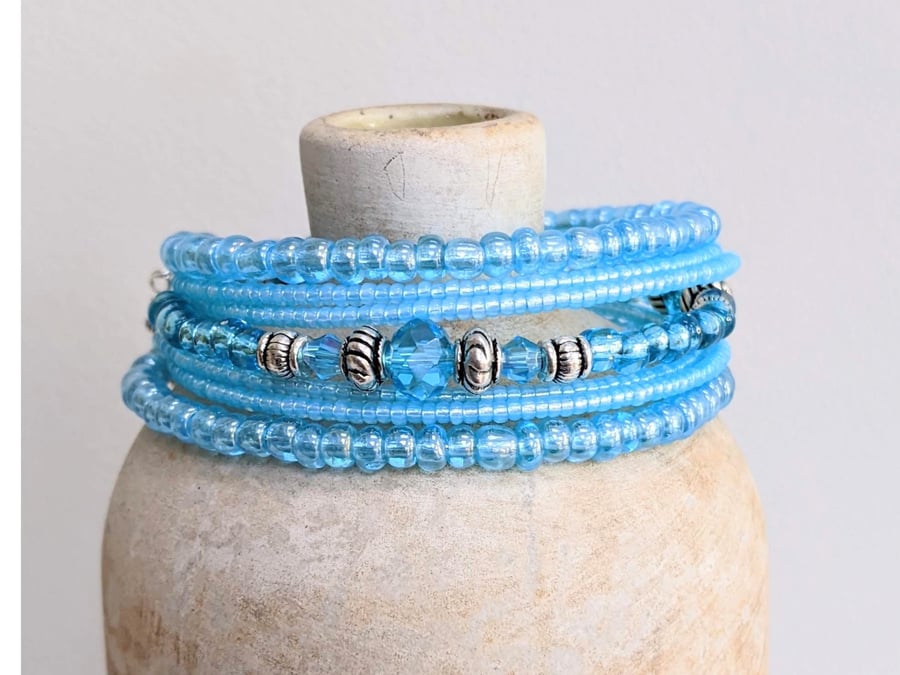 Turquoise Blue Memory Wire Bracelet,  Beaded Stacked Bracelet Cuff