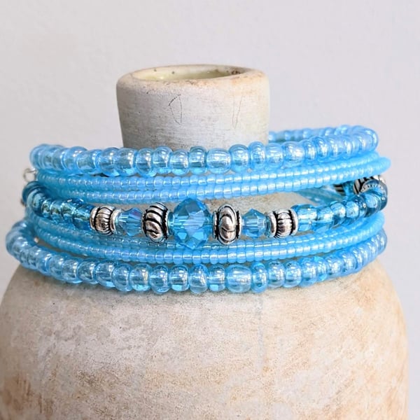 Turquoise Blue Memory Wire Bracelet,  Beaded Stacked Bracelet Cuff