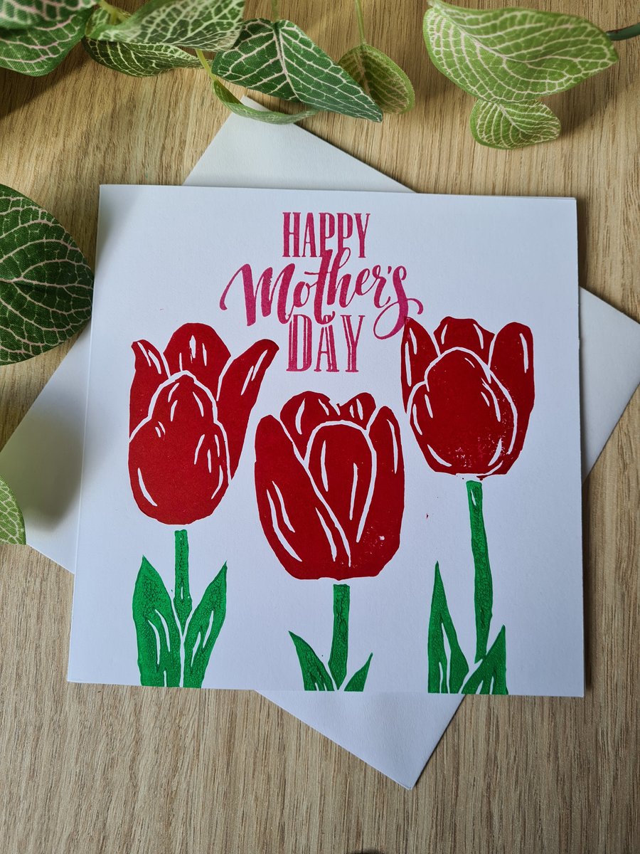 Mother's Day card red tulips linocut handprinted
