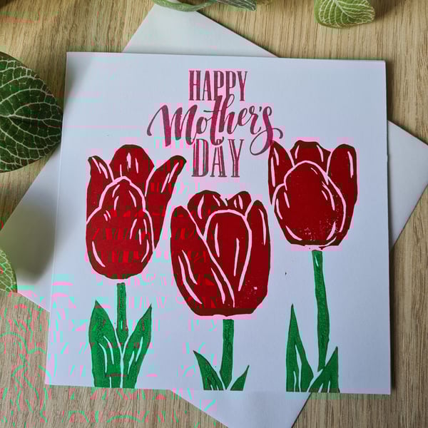 Mother's Day card red tulips linocut handprinted