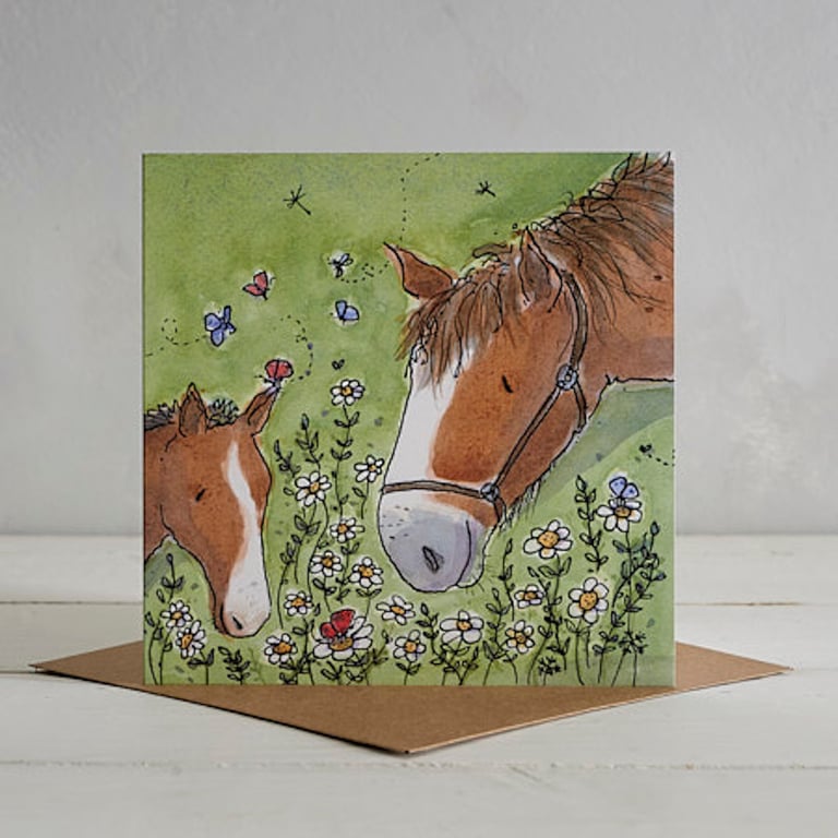 Ginger and Spice, Horse family greetings card