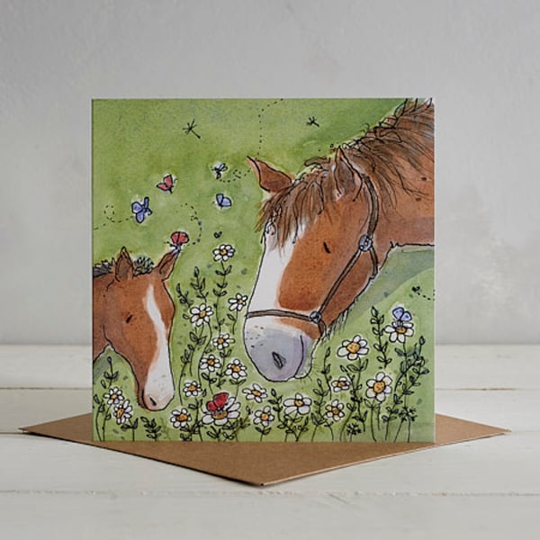 Ginger and Spice, Horse family greetings card