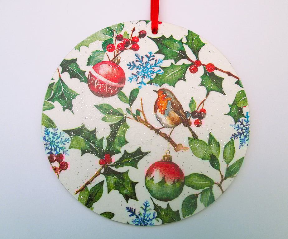 Christmas robin and holly wood decoupage hanging decoration