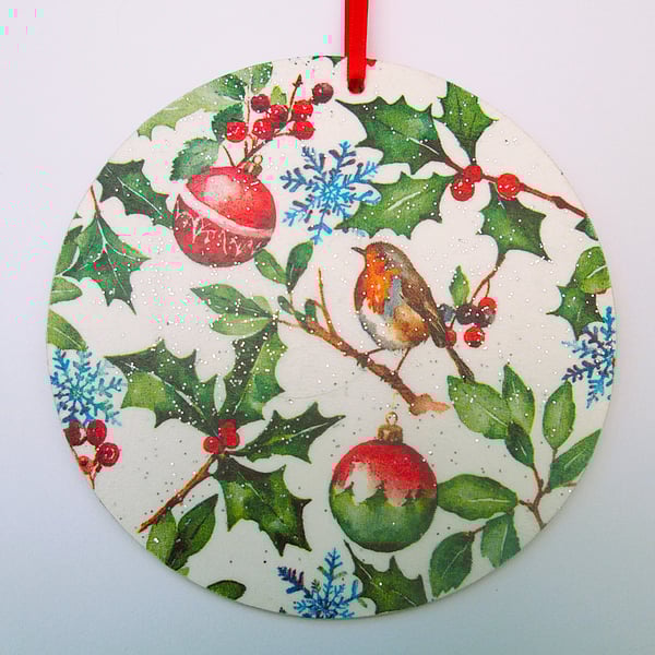 Christmas robin and holly wood decoupage hanging decoration