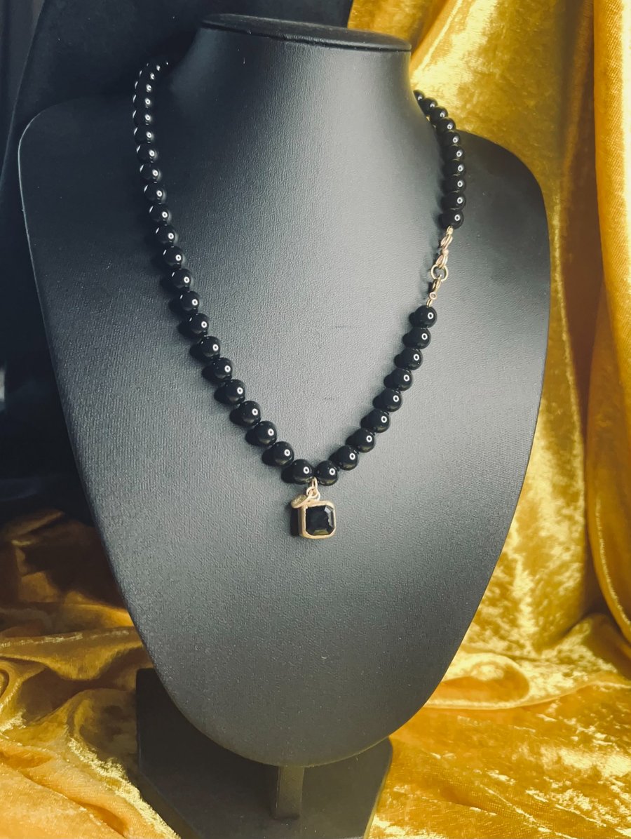 Necklace with Black Mistic Pearls and Black Stone in Brass