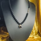 Necklace with Black Mistic Pearls and Black Stone in Brass