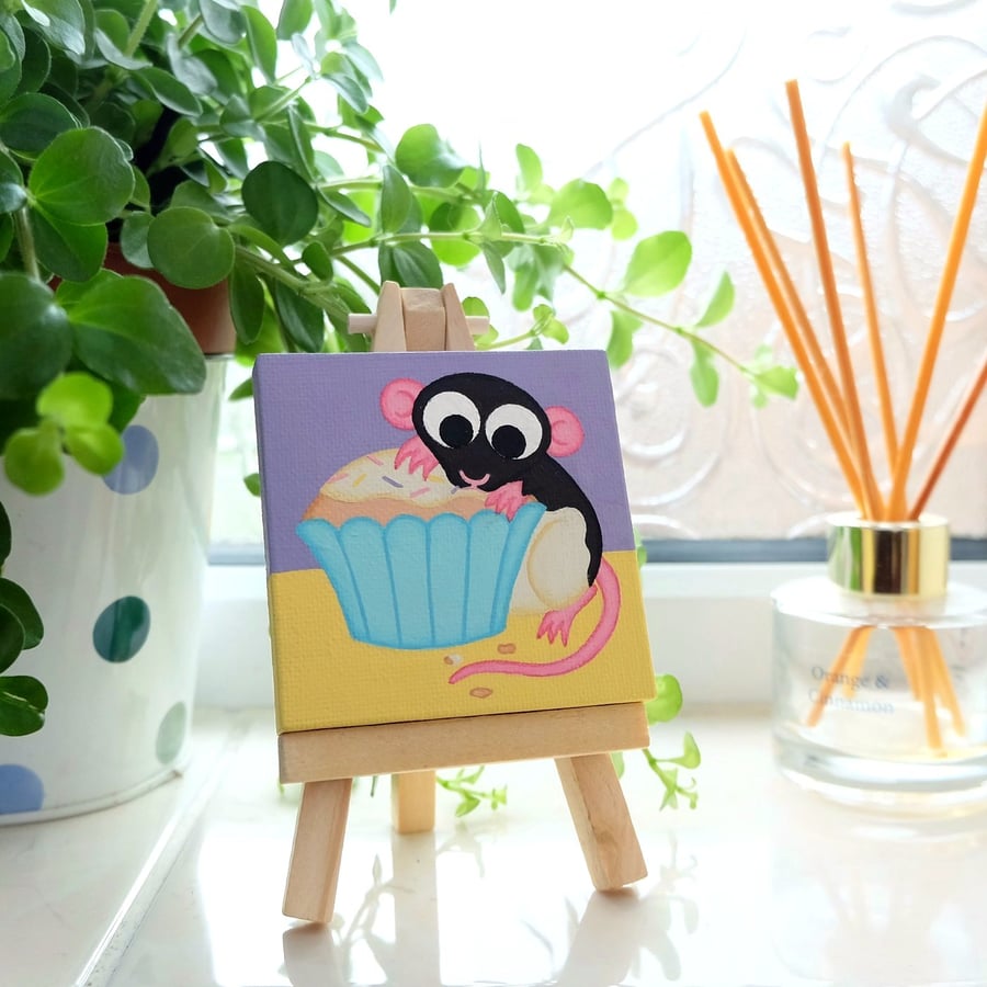 Rat with Cupcake Miniature Painting - cute acrylic art, rat lover birthday gift