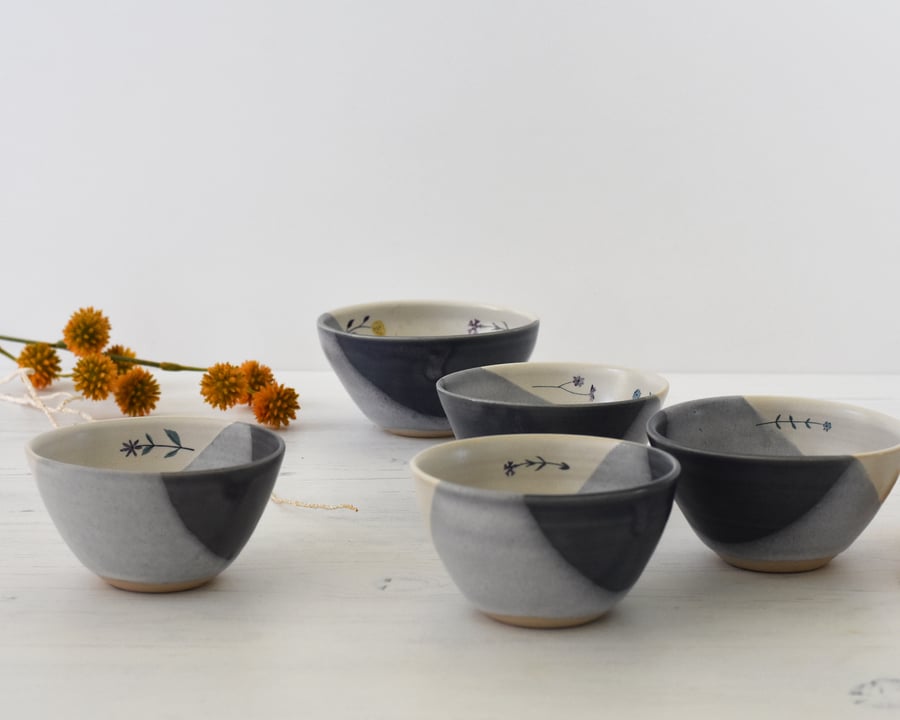 Ceramic flower bowl for tapas nibbles trinkets, handmade blue and white pottery
