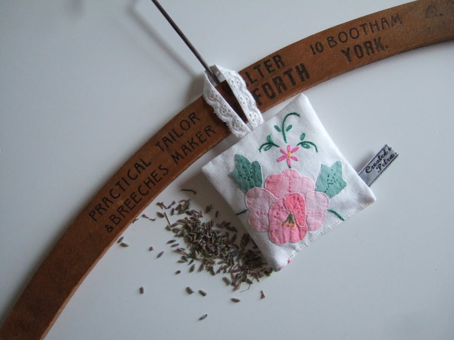 Yorkshire lavender bag, made from vintage applique and embroidered table linen