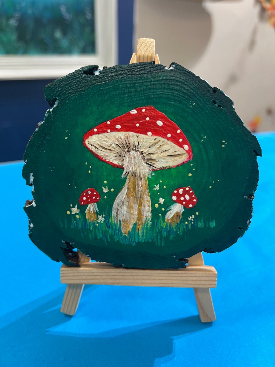 Hand Painted Wood Slice, Among the Mushrooms, Wood Painting, Rustic Décor