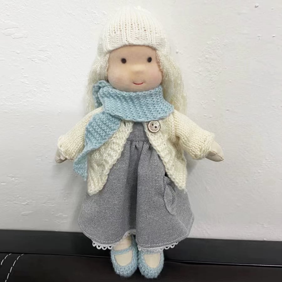 Fiona - Handmade Rag Girl Doll in Grey Dress and Cream Cardigan with Blue Scarf