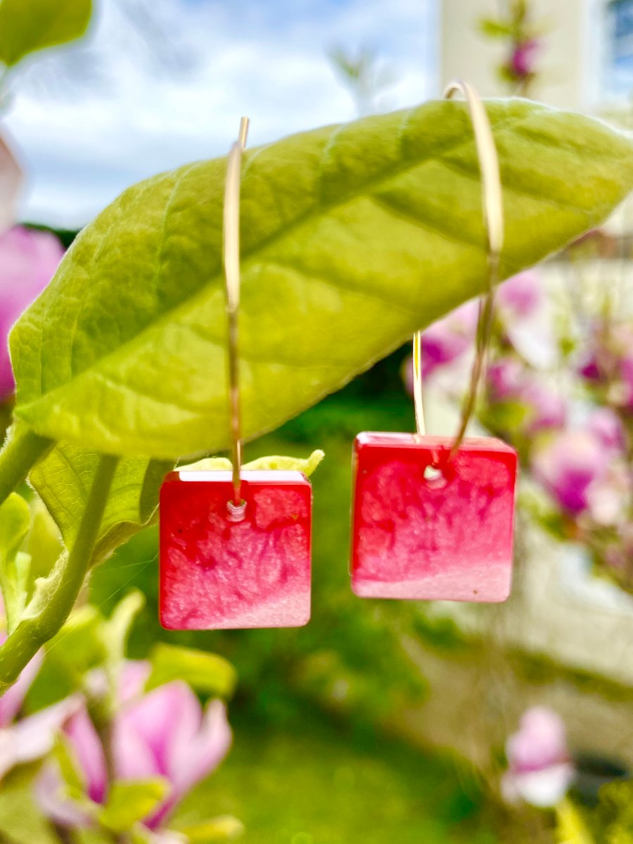 Handmade magenta and rose pink resin square hoop earrings