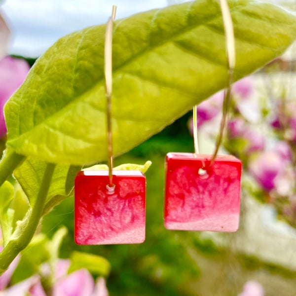 Handmade magenta and rose pink resin square hoop earrings