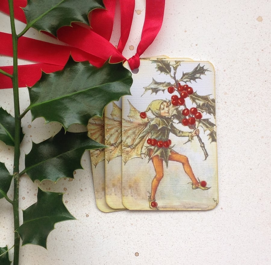 GIFT TAGS  Christmas, Autumn , Winter  ( set of 3 ) Flower Fairy. Holly. 