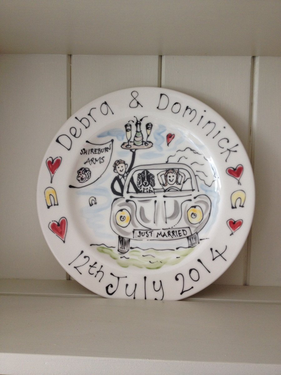 Hand painted personalised Wedding plate Couple in a Beetle Car
