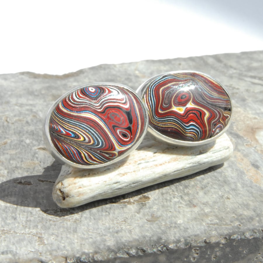 Corvette fordite and silver swivel cufflinks