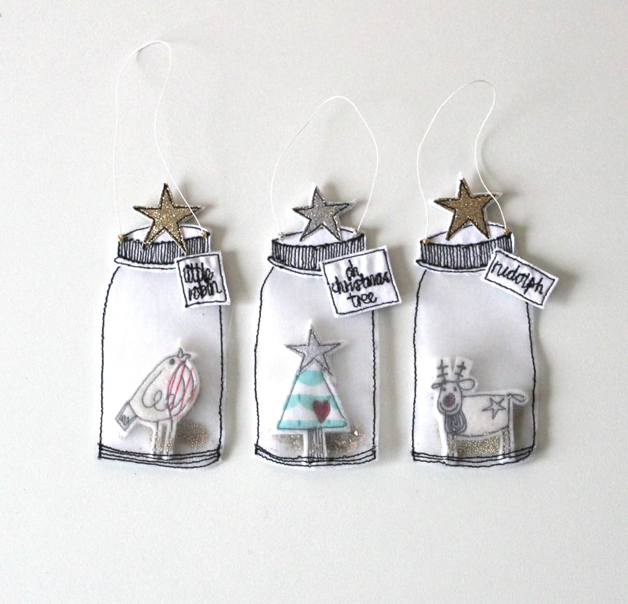Three Christmas Fabric Jars - Hanging Decoration