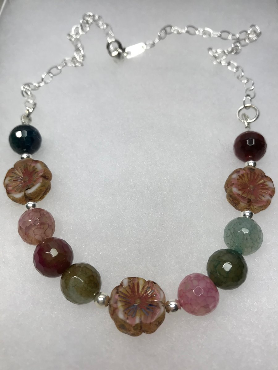 Sterling Silver necklace with Indian Agate & Czech glass beads