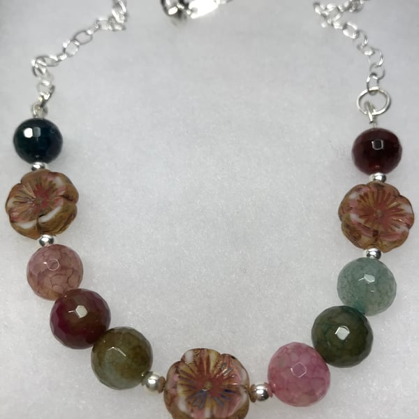 Sterling Silver necklace with Indian Agate & Czech glass beads