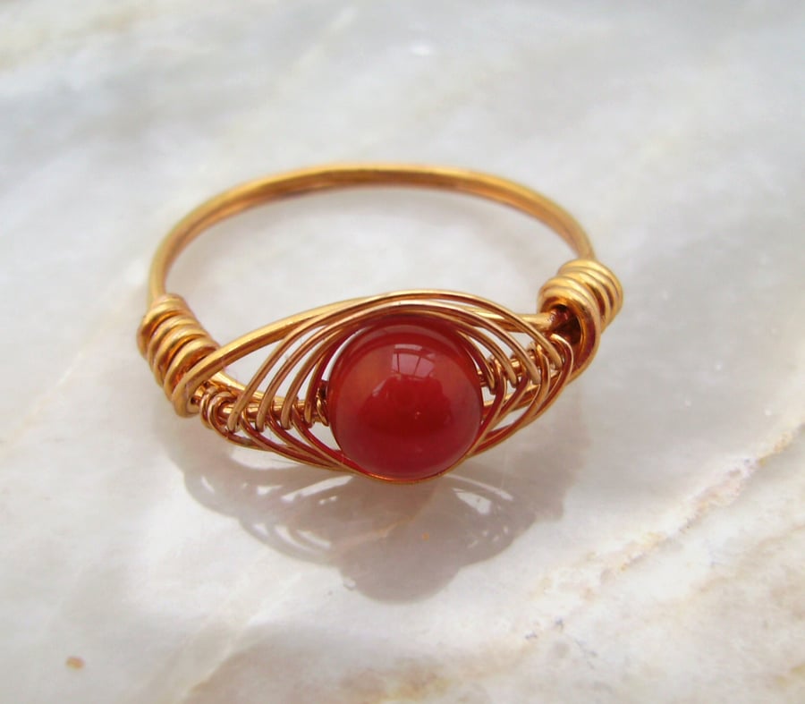 Carnelian & Gold Plated Wire Wrapped Ring