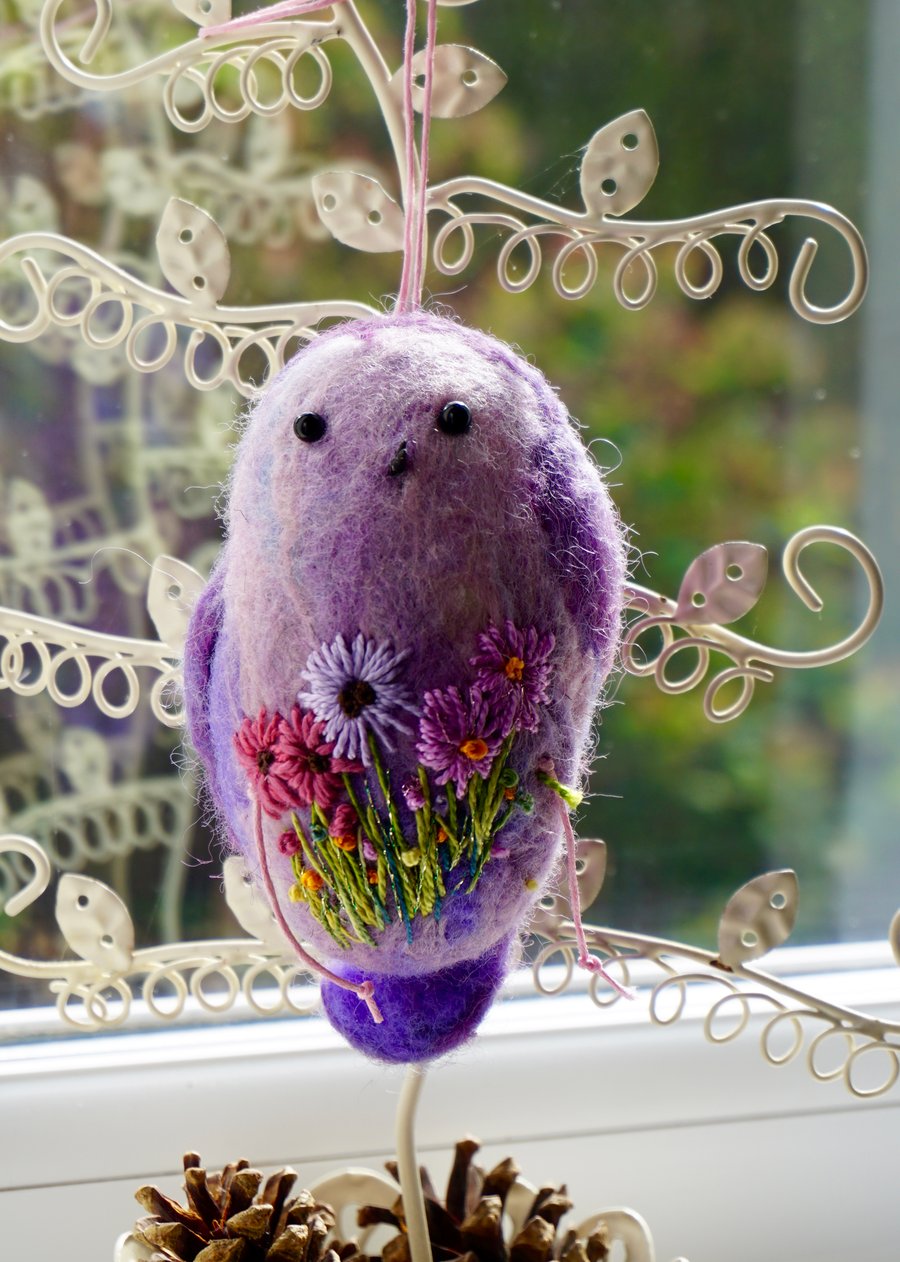 Felted Floral Finch hanging ornament 