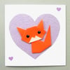 Orange cat and lilac heart greeting card