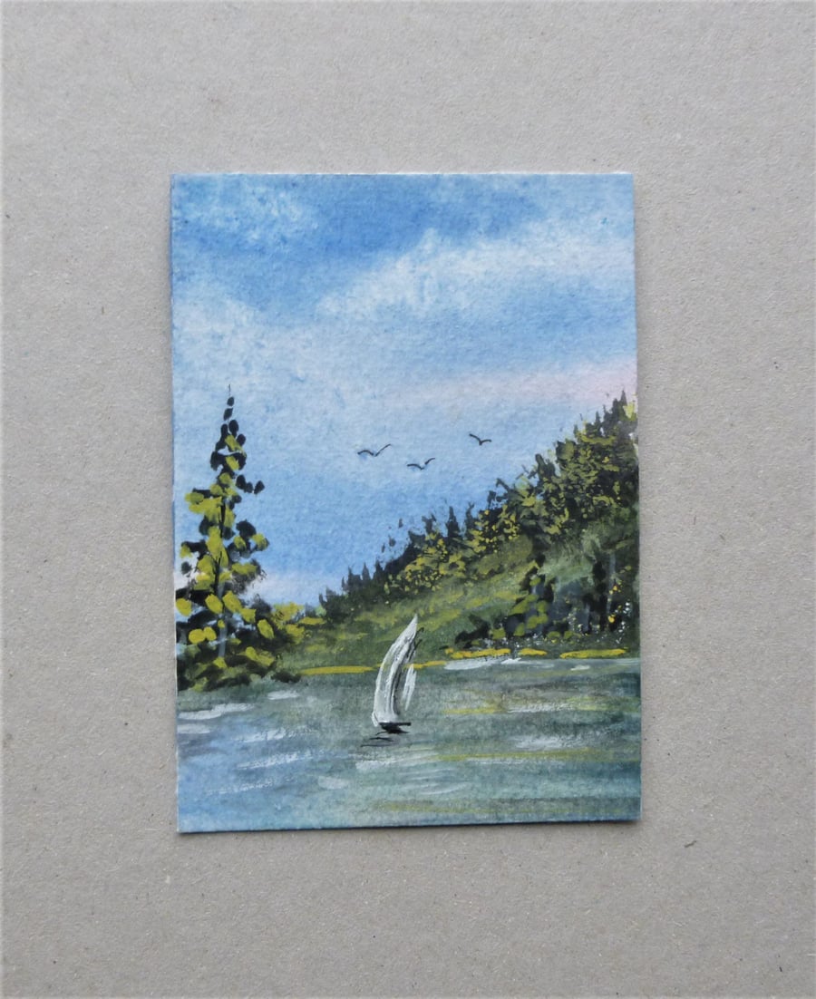 aceo atc original miniature art watercolour landscape ( ref F420.N6 )