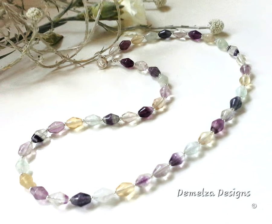 Designer Bicon Cut Rainbow Florourite Sterling Silver Necklace 