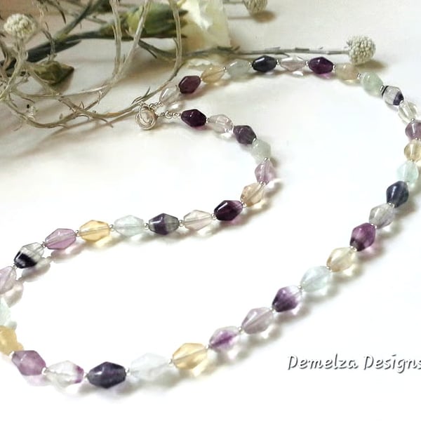 Designer Bicon Cut Rainbow Florourite Sterling Silver Necklace 