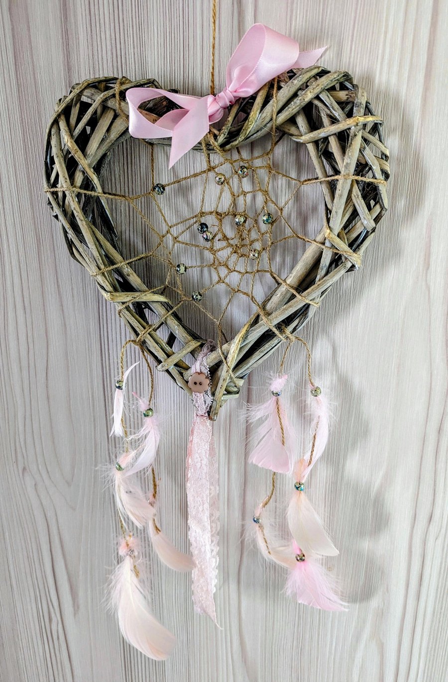 Wicker Heart Pink Feather Natural Jute Dreamcatcher Hanging Decoration 