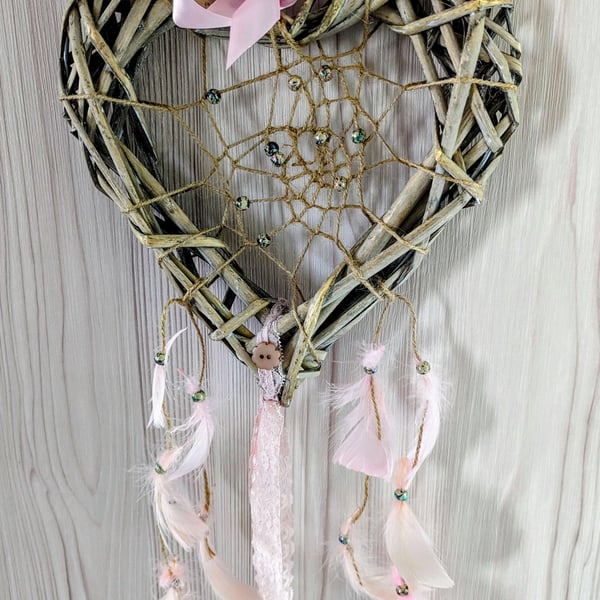 Wicker Heart Pink Feather Natural Jute Dreamcatcher Hanging Decoration 