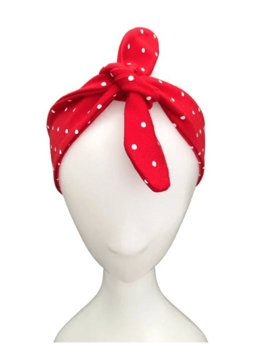 Red Polka Dot Headband, Top Knot Headband, Rockabilly Tie Up Headband Hair Scarf