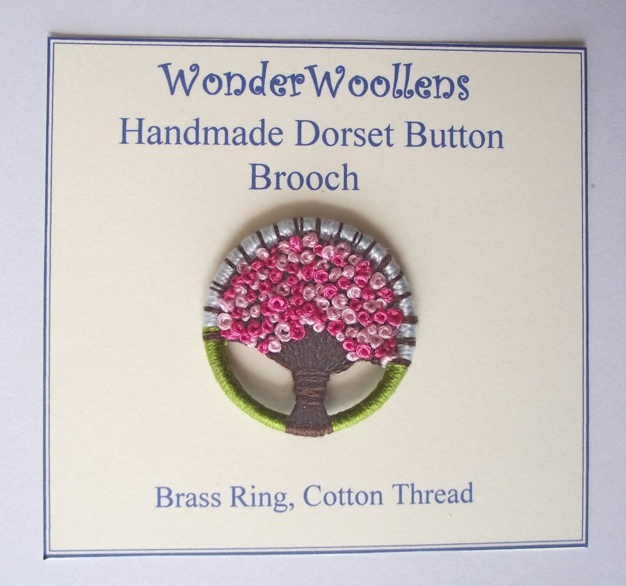 Cherry Blossom, Sakura, Dorset Button Brooch, Green, Pink, Brown, Blue, 3.6cm