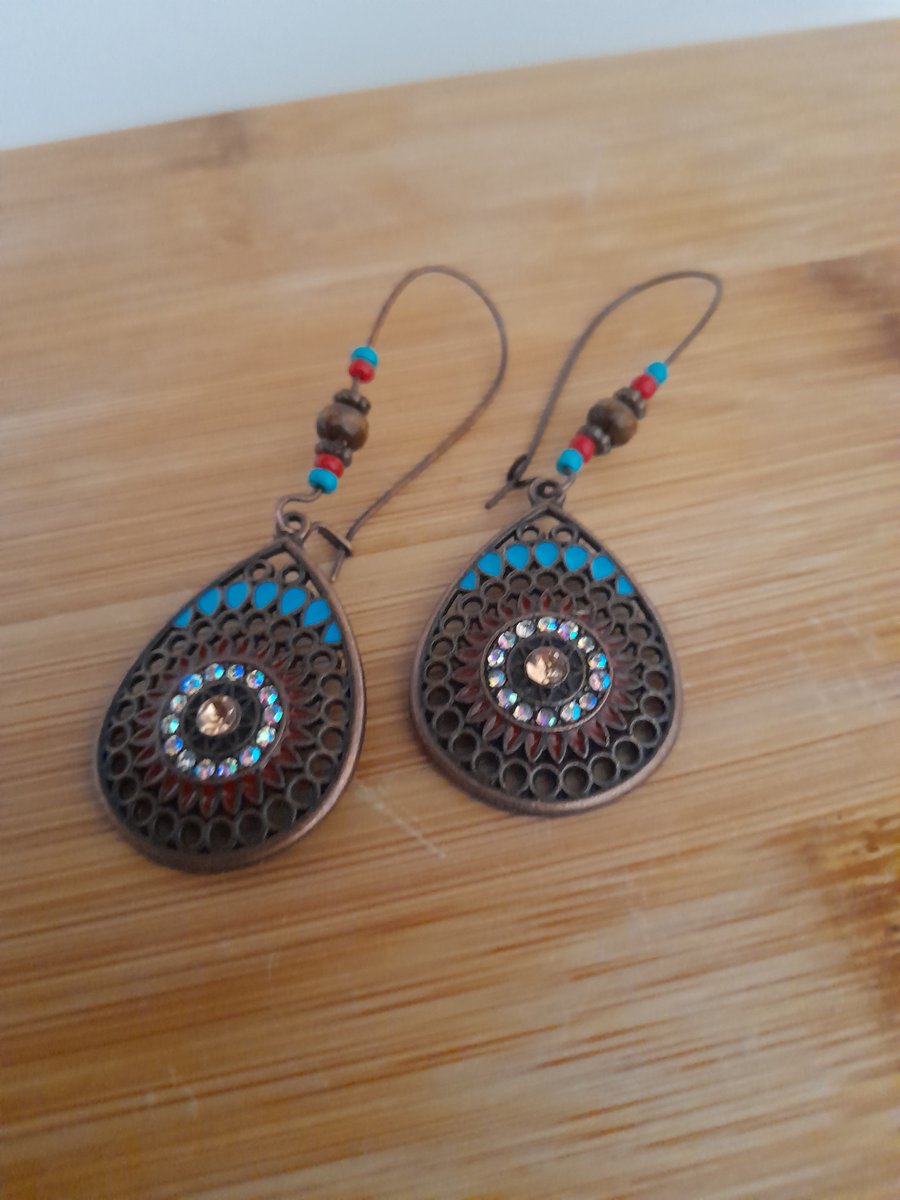 ANTIQUE COPPER, TURQUOISE, RED AND BROWN BOHO STYLE EARRINGS.