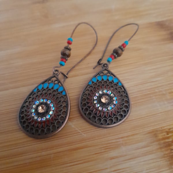 ANTIQUE COPPER, TURQUOISE, RED AND BROWN BOHO STYLE EARRINGS.