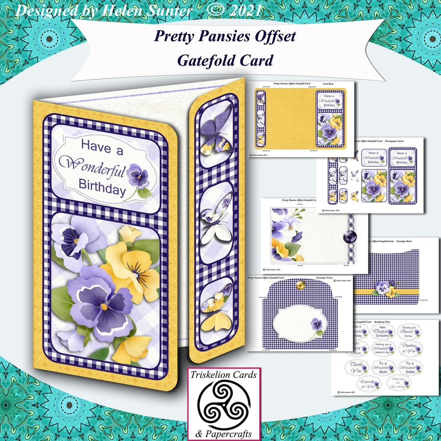 Printable Pretty Pansies Offset Gatefold Card Making kit with Extra Sentiments