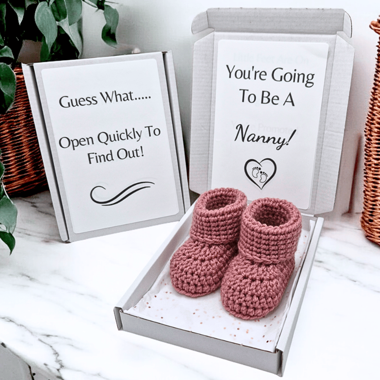 Pregnancy Announcement to Nanny – Crochet Baby Booties in Gift Box