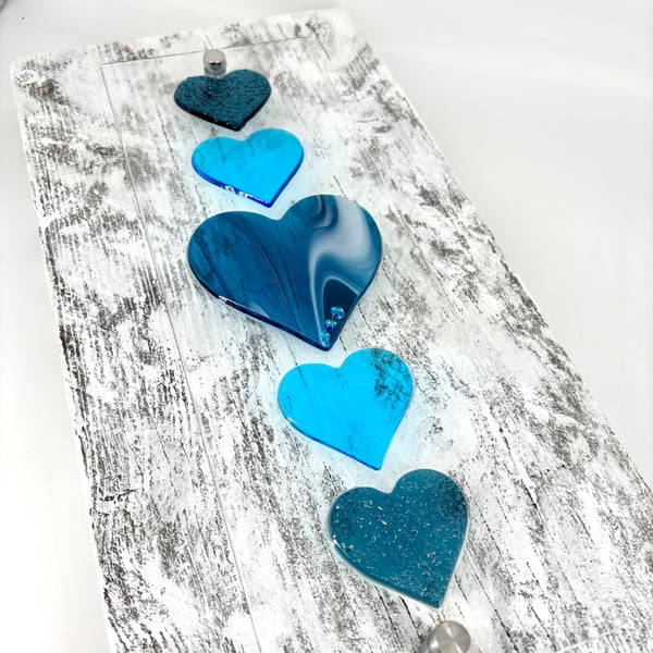 Fused Glass Heart Panel in Steel Blue & Turquoise on Reclaimed Wood