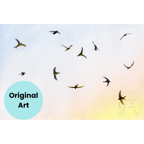 Swifts In The Sky Original Watercolour Painting 26 x 18 cm