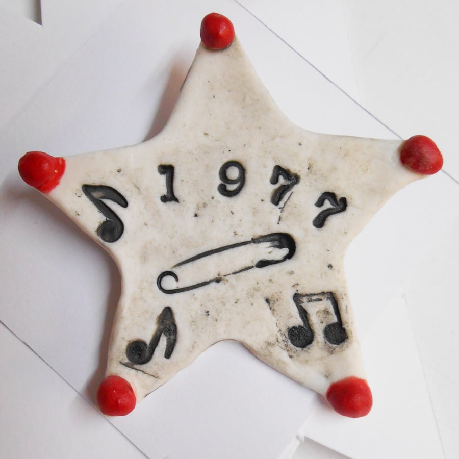 Ceramic Buttons 1977 safety pin Badge Star Design on white Porcelain Clay.