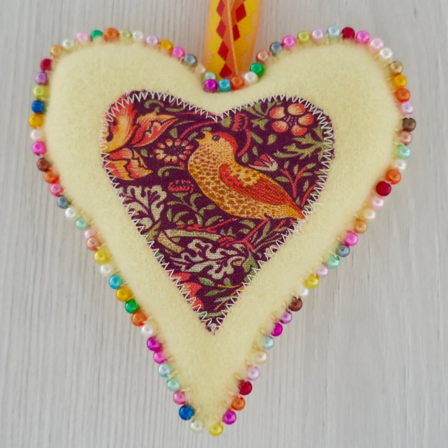 Liberty Felt Hanging Heart Beaded - Yellow & Strawberry Thief