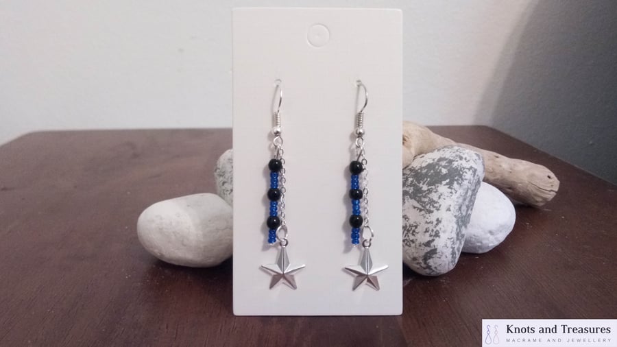 Blue and Black Bead and Silver Star Dangle Earrings