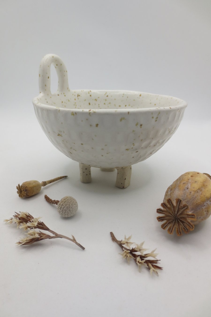 Hand-built stoneware pottery tea light trinket dish in white speckled glaze