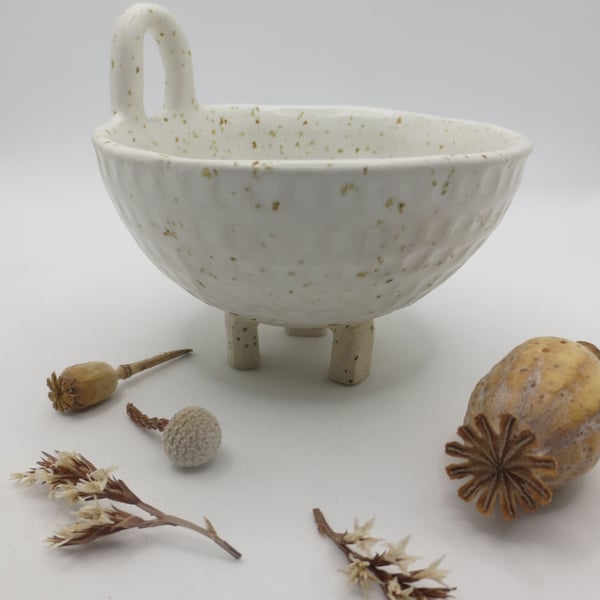 Hand-built stoneware pottery tea light trinket dish in white speckled glaze