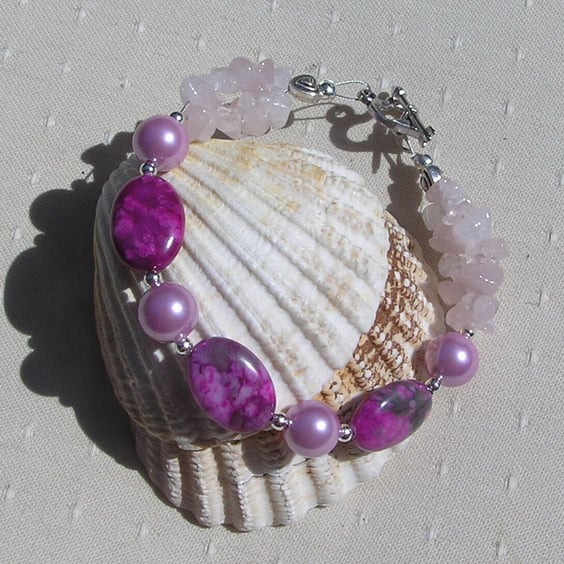 Rhodonite, Rose Quartz & Pink Shell Pearl Gemstone Beaded Bracelet
